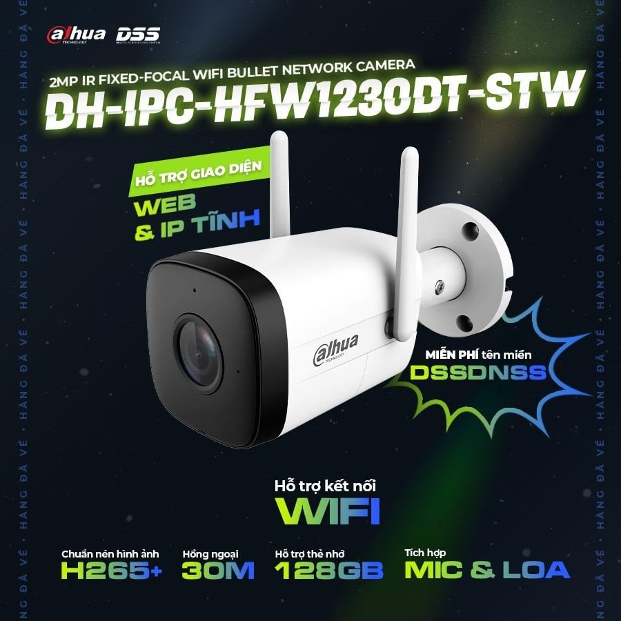 Camera wifi ngoài trời Dahua DH-IPC-HFW1230DT-STW 2MP, hồng ngoại 30m, hỗ trợ phát hiện thông minh