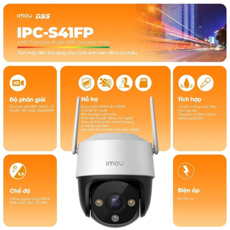 Camera an ninh ngoài trời Imou IPC-S41FP 4MP 2K, xoay 360, H.265, tích hợp mic