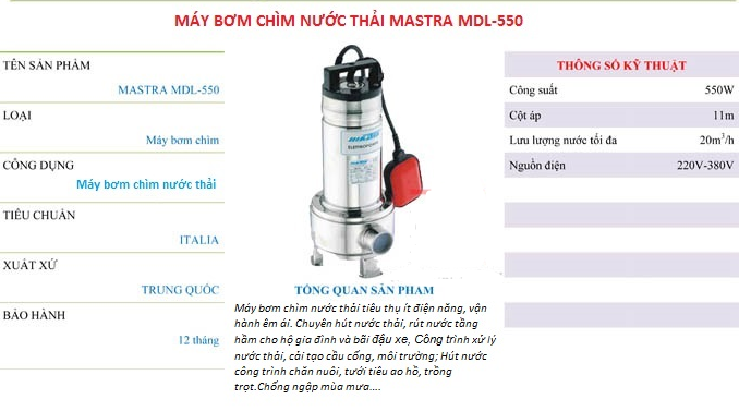 Máy Bơm Chìm Mastra 0.75HP MDL 550