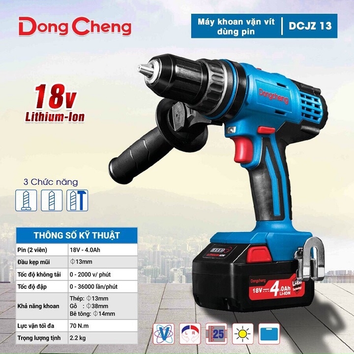 Máy Khoan Vặn Vít Dùng Pin Dongcheng DCJZ 13 18V