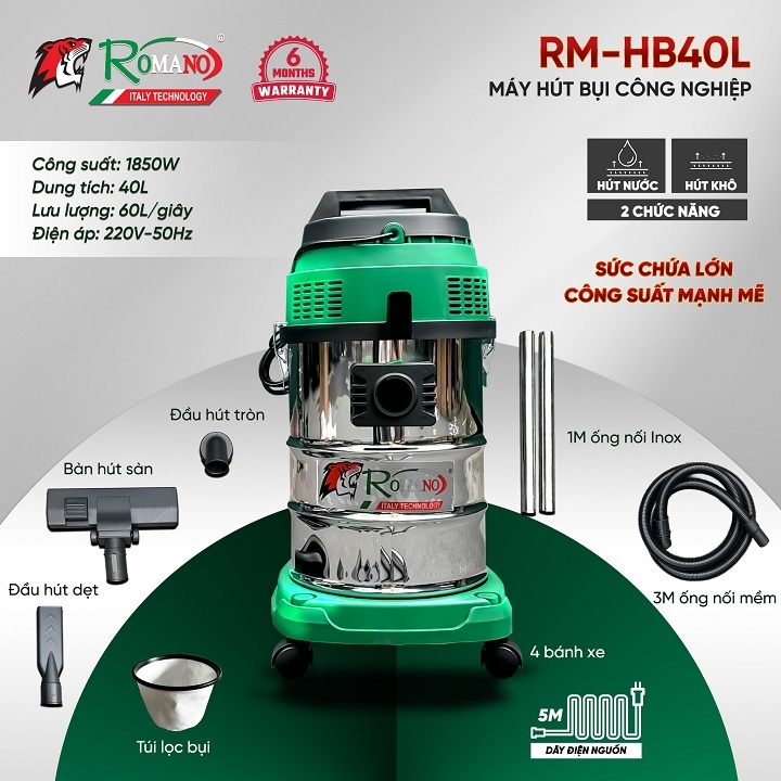 Máy Hút Bụi Romano 1850W 40L RMHB-40L Khô Ướt