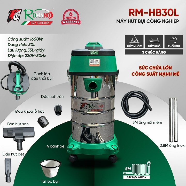 Máy Hút Bụi Romano 1600W 30L RMHB-30L Khô Ướt, Thổi Bụi