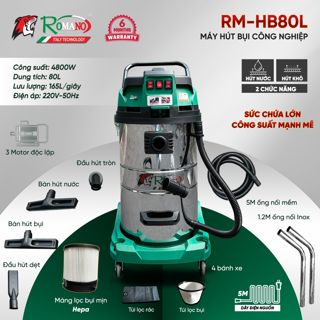 Máy Hút Bụi Công Nghiệp Romano 4800W 80L RMHB-80L Khô Ướt