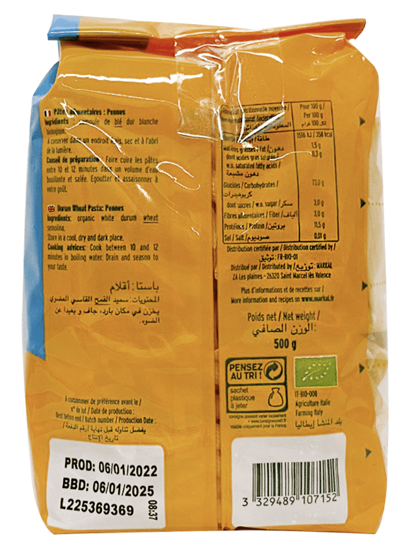 Mì NUI ỐNG PENNE TRẮNG hữu cơ - EU Organic - Markal - Pháp - 500gr