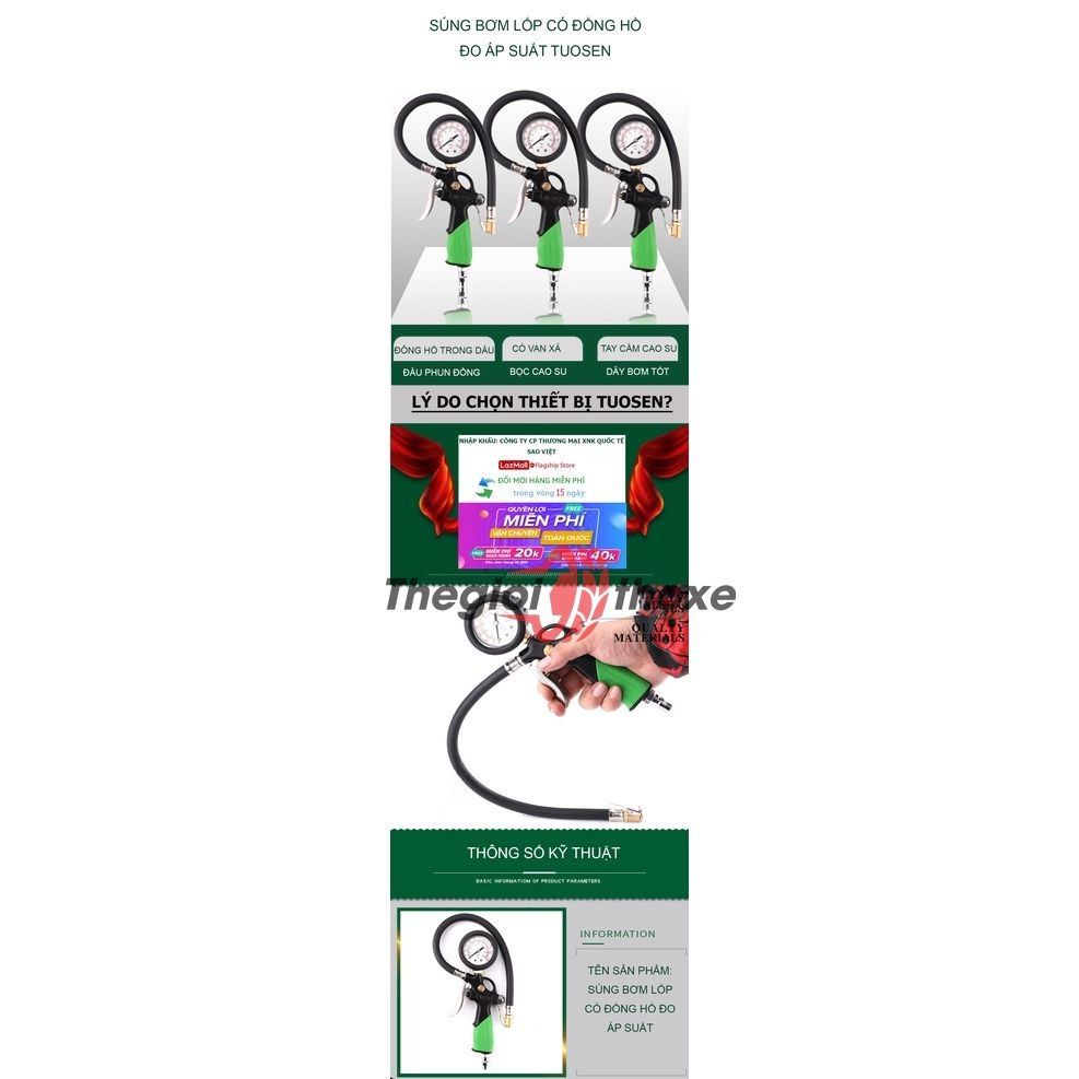 Đồng hồ bơm lốp xe máy, ô tô - Tuosen (mặt dầu)