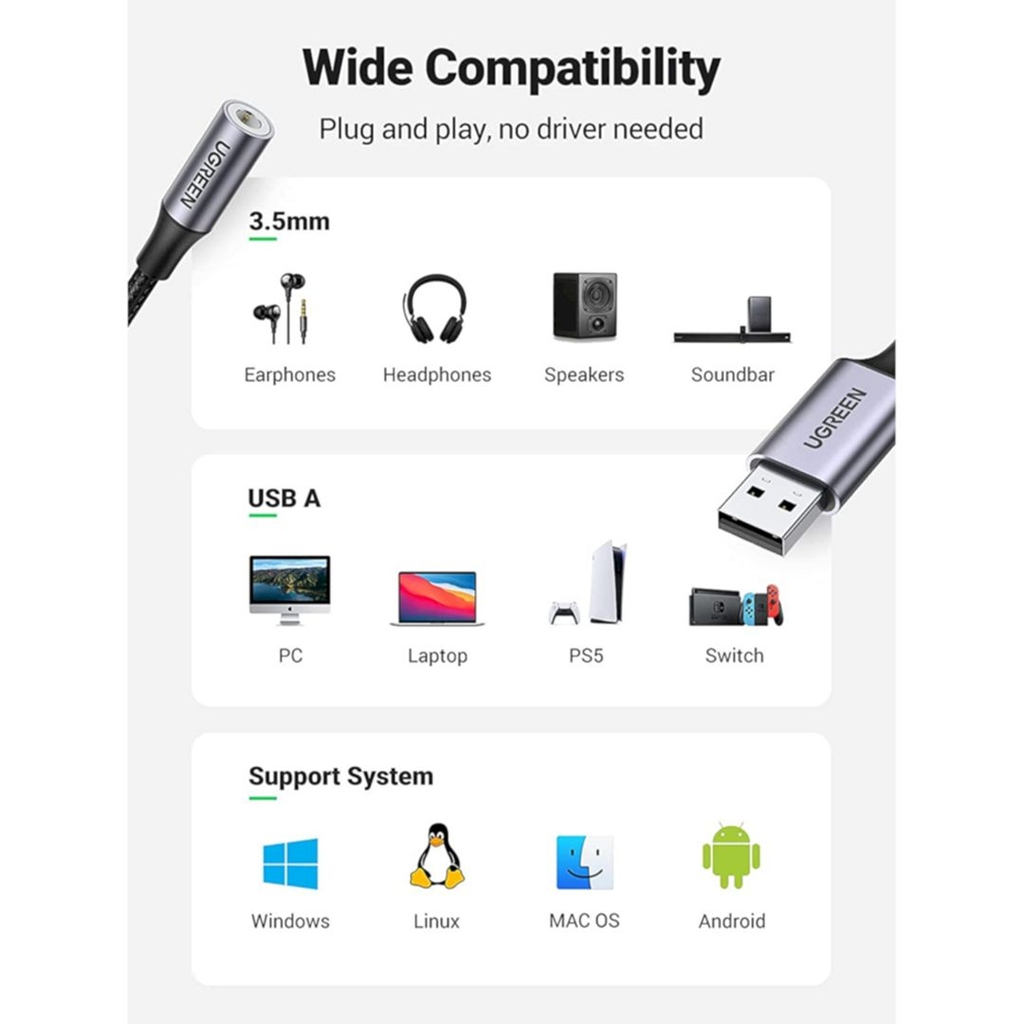 UGREEN USB 2.0 to 3.5mm Audio Adapter CM383 CM477 80864 30757