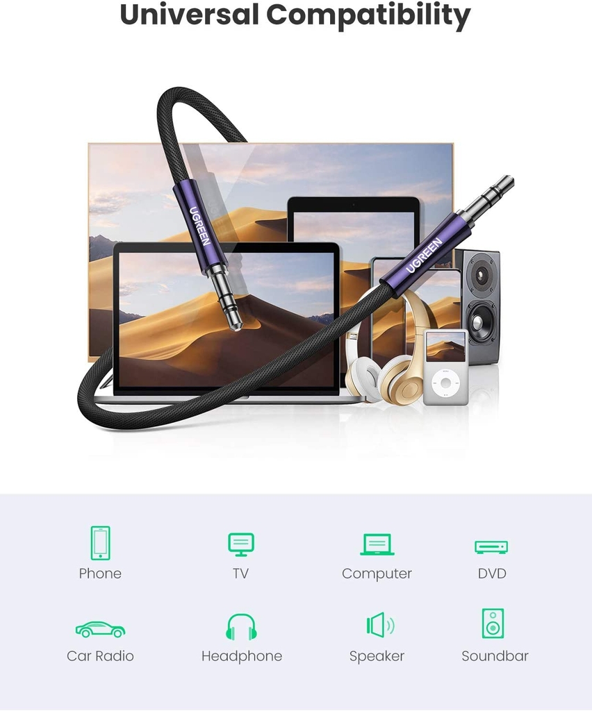 UGREEN 3.5mm 3-Pole Male to Male Silver Plating Copper Case Audio Cable AV171