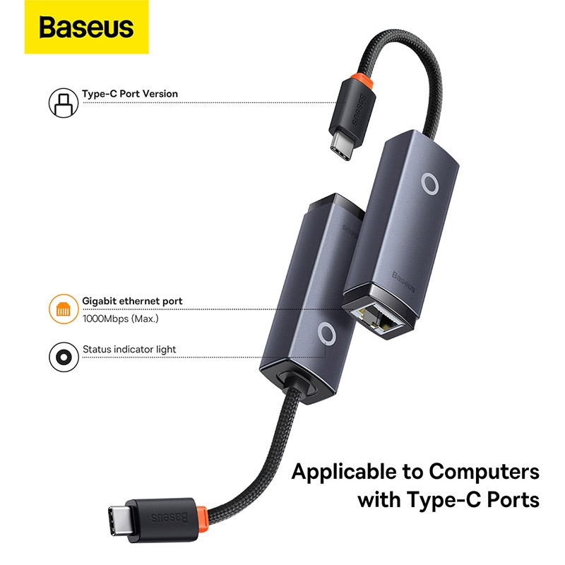 Hub Chuyển Đổi Kết Nối USB/ Type C to LAN RJ-45 Baseus Lite Series Ethernet Adapter (100Mbps/1000Mbps, Aluminum Alloy, USB/ Type C to LAN Port)