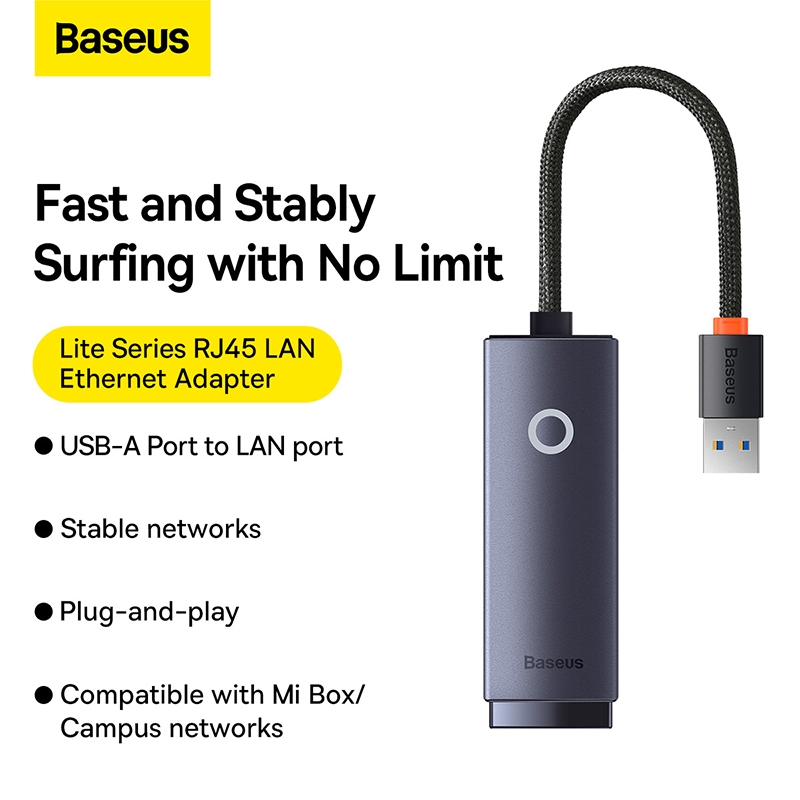 Hub Chuyển Đổi Kết Nối USB/ Type C to LAN RJ-45 Baseus Lite Series Ethernet Adapter (100Mbps/1000Mbps, Aluminum Alloy, USB/ Type C to LAN Port)