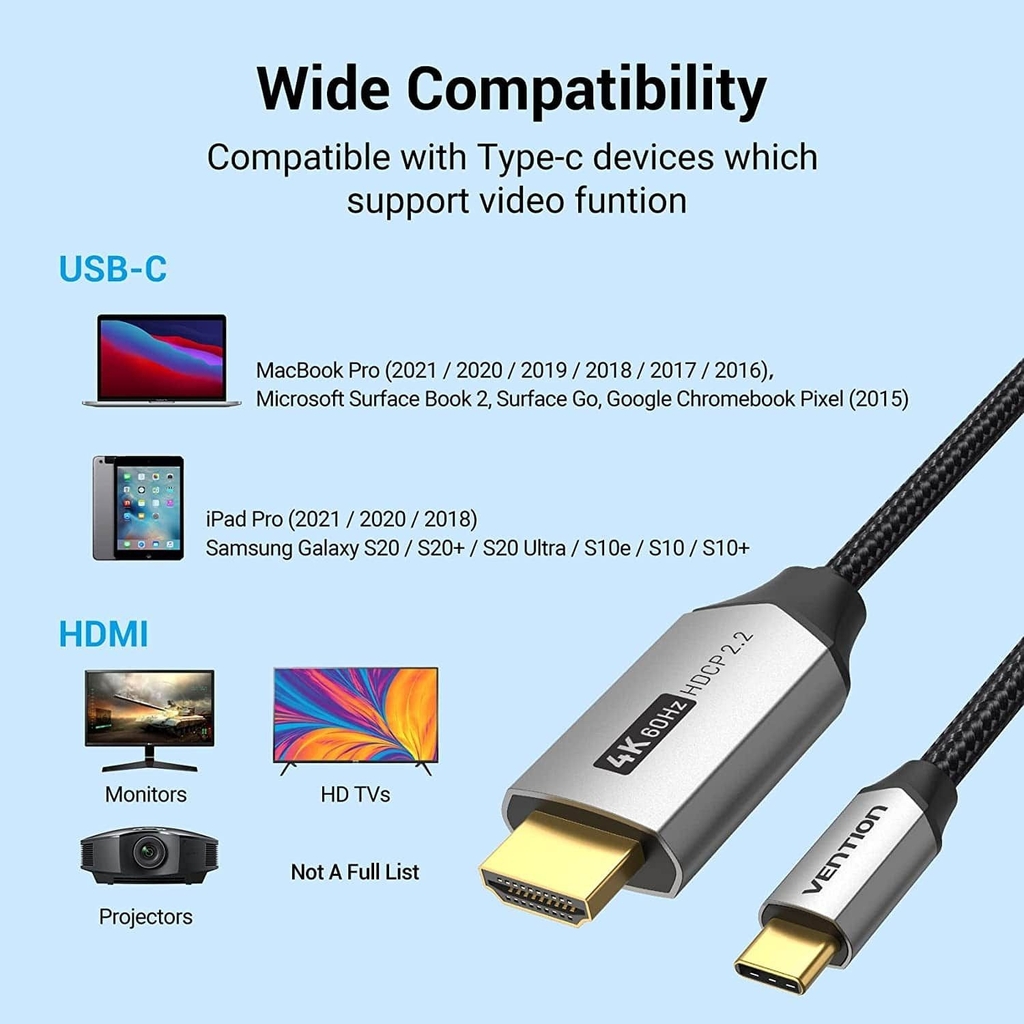 Cáp Chuyển Type-C to HDMI VENTION CRBBH 4K@60Hz (Cotton Braided, 2M, HDCP2.2)