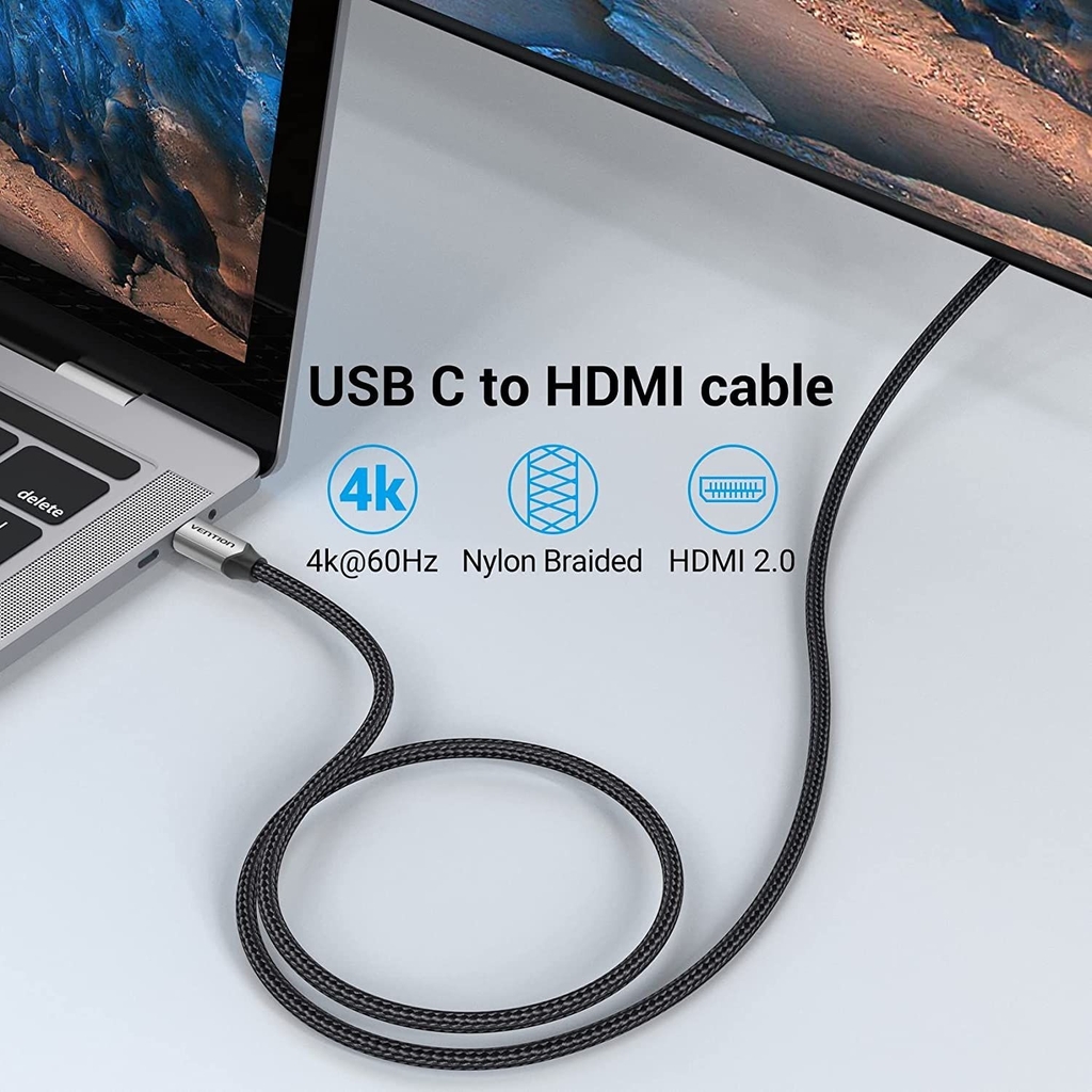 Cáp Chuyển Type-C to HDMI VENTION CRBBH 4K@60Hz (Cotton Braided, 2M, HDCP2.2)