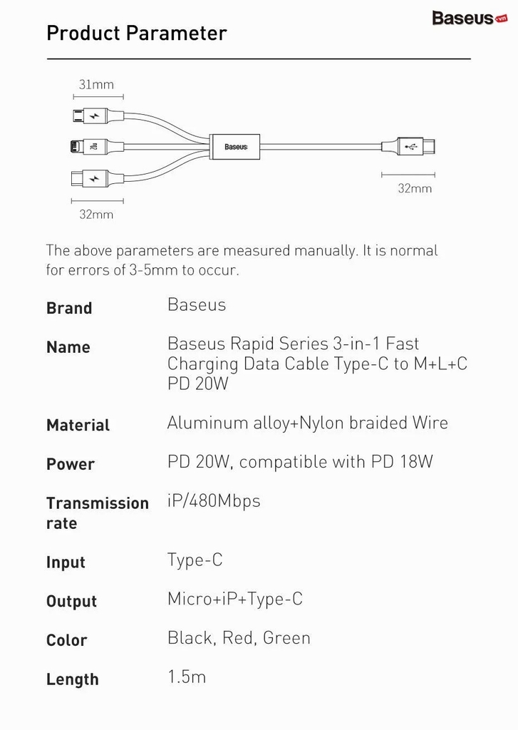 Cáp sạc 3 đầu Baseus Rapid Series 3 in 1 PD 20W