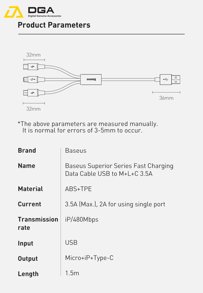 Cáp sạc 3 đầu Baseus Superior Series 3 in 1