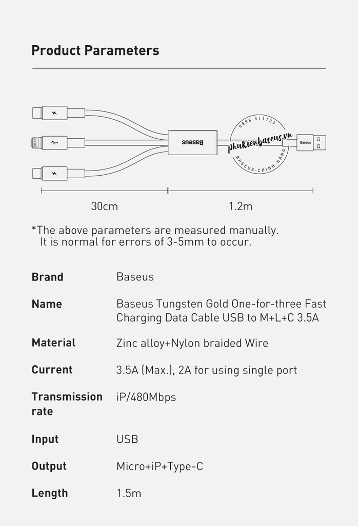 Cáp sạc nhanh 3 đầu siêu bền 3.5A Baseus Tungsten Gold Series