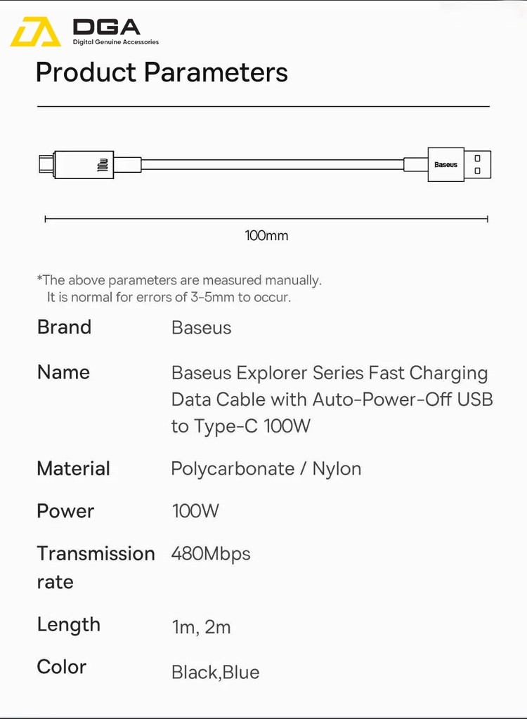 Cáp tự ngắt 100W Baseus USB to Type C 100W Explorer Series Auto Power-Off Fast Charging Data Cable