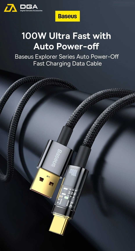 Cáp tự ngắt 100W Baseus USB to Type C 100W Explorer Series Auto Power-Off Fast Charging Data Cable