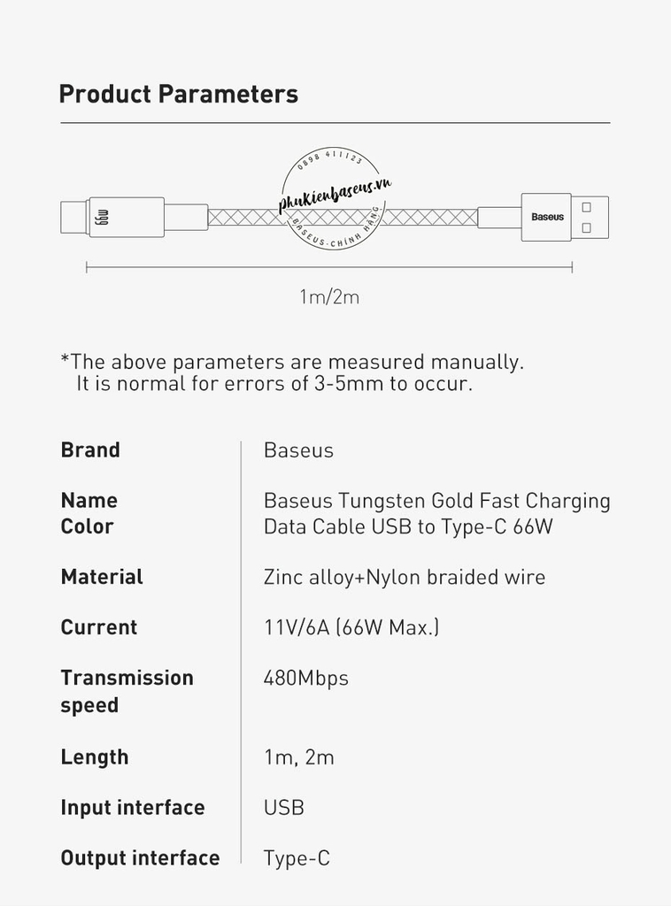 Cáp sạc nhanh Baseus Tungsten Gold Type C Fast Charging Data Cable