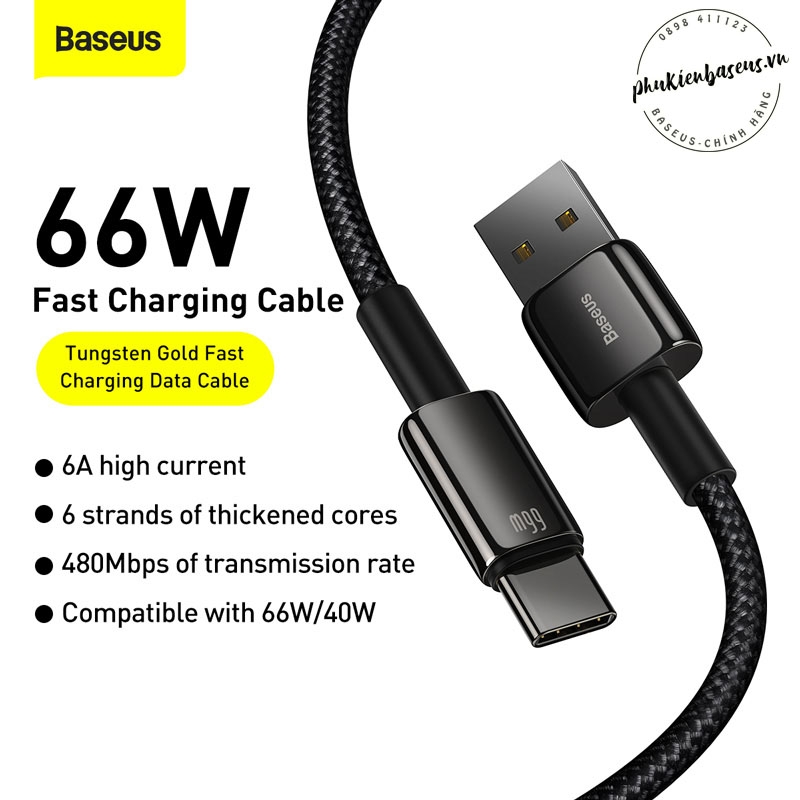 Cáp sạc nhanh Baseus Tungsten Gold Type C Fast Charging Data Cable