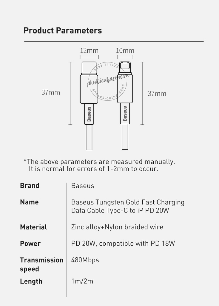 Cáp sạc nhanh C to Lightning 20W Baseus Tungsten Gold Fast Charging Data Cable