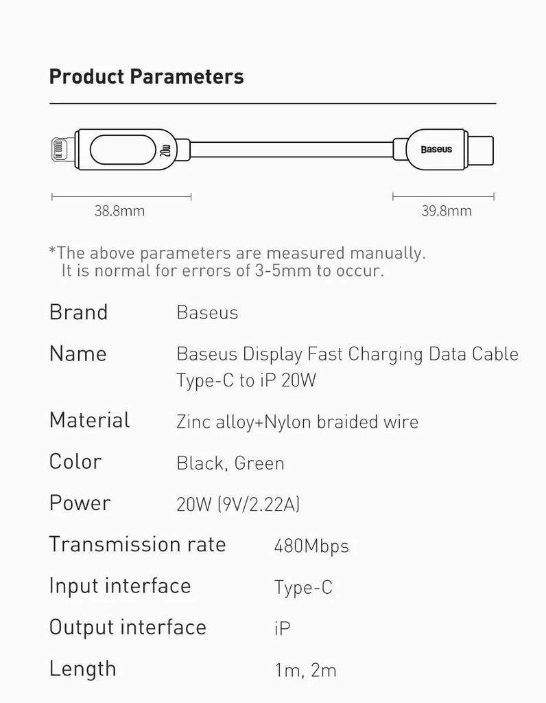 Cáp sạc nhanh Type C ra IP 20W tích hợp màn hình LED Baseus Display Fast Charging Data Cable