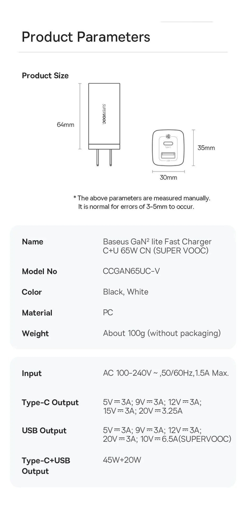 Cóc Sạc Nhanh Baseus GaN2 Lite Quick Charger 65W