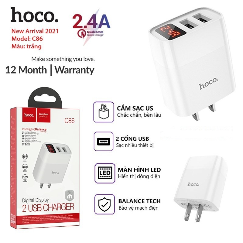 Cóc Sạc Nhanh Hoco C86 2 Cổng USB Màn Hình Led 2.4A