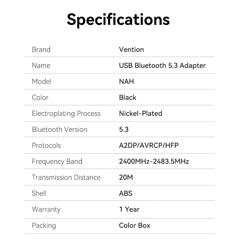 USB Bluetooth VENTION NAH (Bluetooth v5.3, Kết Nối Cùng Lúc 5 Thiết Bị, 24bit/192kHz)
