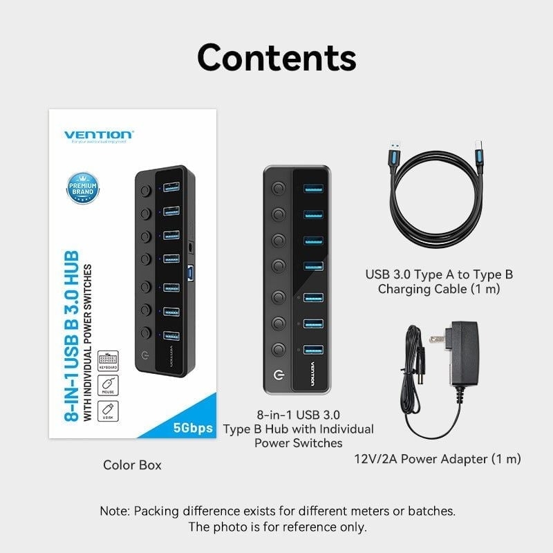 Hub Mở Rộng Kết Nối Đa Năng VENTION CHXB0-EU (USB B 3.0 to USB3.0*7 Hub with Individual Power Switches, DC 5.5mm Power Adapter EU-Plug)