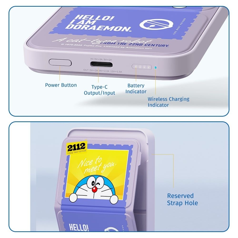 Pin Dự Phòng Không Dây ROCK SPACE Doraemon P83 Magnetic Holder Wireless Charging (5000mAh, Tích Hợp MagSafe, Doraemon Authentic Licensed)