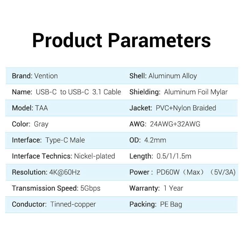 Cáp Sạc Nhanh Vention USB 3.1 C to C TAAHF (3A/60W, 4K, Cotton Braided)