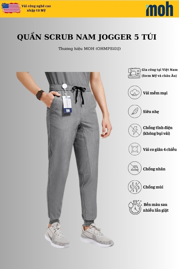 Quần Scrubs nam cao cấp, thương hiệu MOH, kiểu Jogger, 5 túi, chất vải và form chuẩn Mỹ (MPS101J)