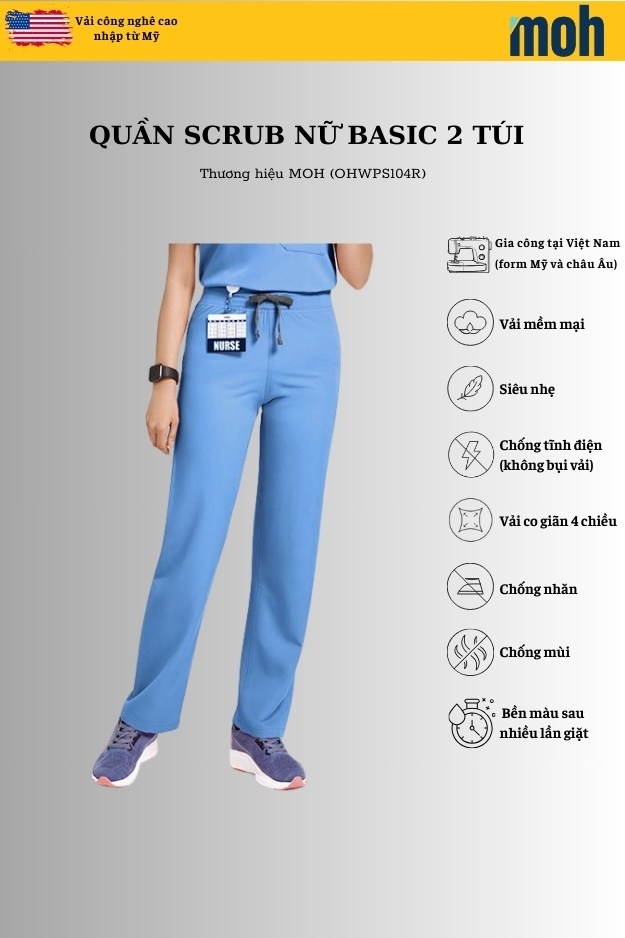 Quần Scrubs nữ cao cấp, thương hiệu MOH, kiểu Basic, 2 túi, chất vải và form chuẩn Mỹ (WPS104R)