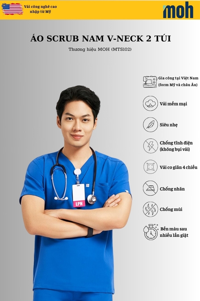 Áo Scrubs cao cấp nam thương hiệu MOH, cổ V-neck, 2 túi, chất vải và form chuẩn Mỹ (MTS102)