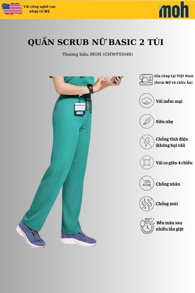 Quần Scrubs nữ cao cấp, thương hiệu MOH, kiểu Basic, 2 túi, chất vải và form chuẩn Mỹ (WPS104R)