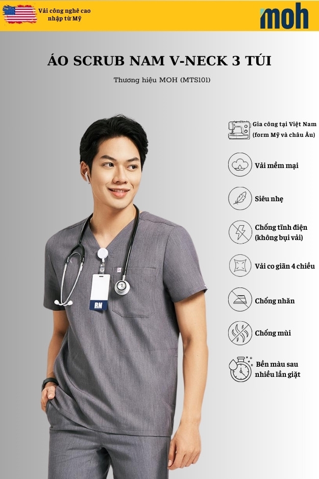 Áo Scrubs cao cấp nam thương hiệu MOH, cổ V-neck, 3 túi, chất vải và form chuẩn Mỹ (MTS101)