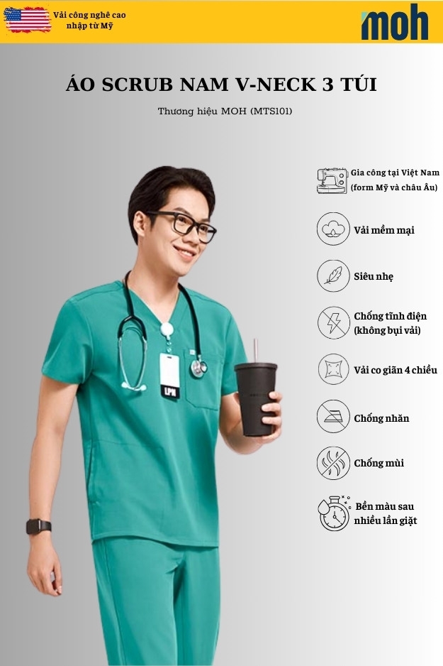 Áo Scrubs cao cấp nam thương hiệu MOH, cổ V-neck, 3 túi, chất vải và form chuẩn Mỹ (MTS101)