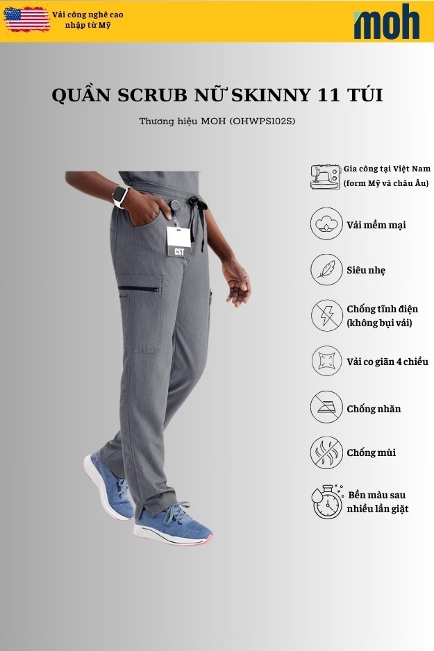 Quần Scrubs nữ cao cấp, thương hiệu MOH, kiểu Skinny, 11 túi, chất vải và form chuẩn Mỹ (WPS102S)