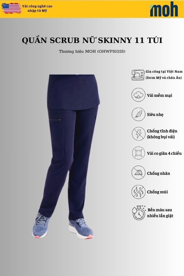 Quần Scrubs nữ cao cấp, thương hiệu MOH, kiểu Skinny, 11 túi, chất vải và form chuẩn Mỹ (WPS102S)