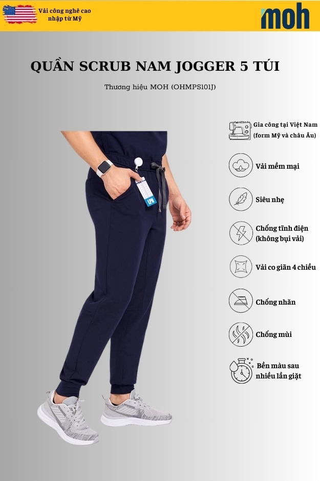 Quần Scrubs nam cao cấp, thương hiệu MOH, kiểu Jogger, 5 túi, chất vải và form chuẩn Mỹ (MPS101J)