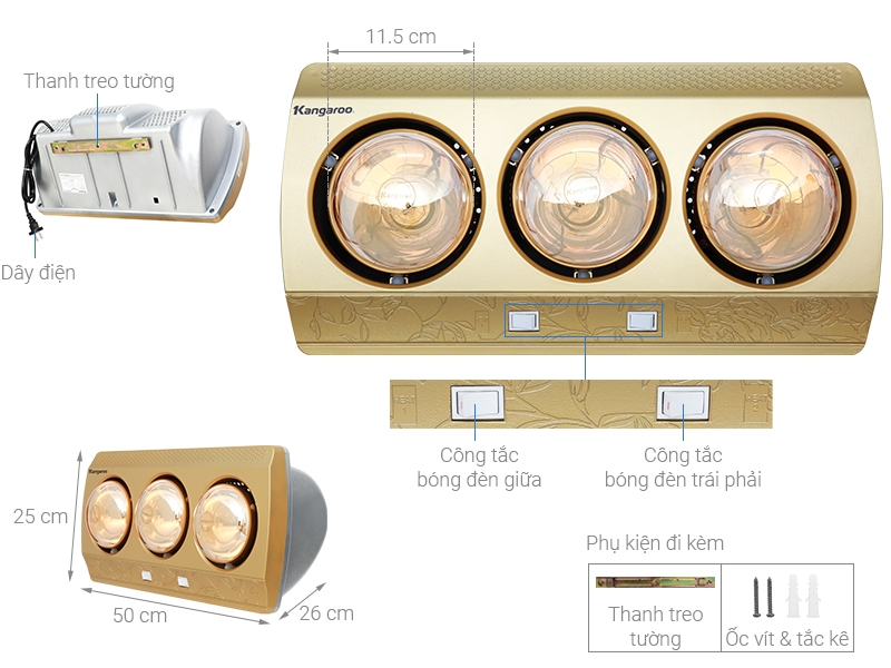 Đèn sưởi nhà tắm 3 bóng Kangaroo KG3BH01 825W