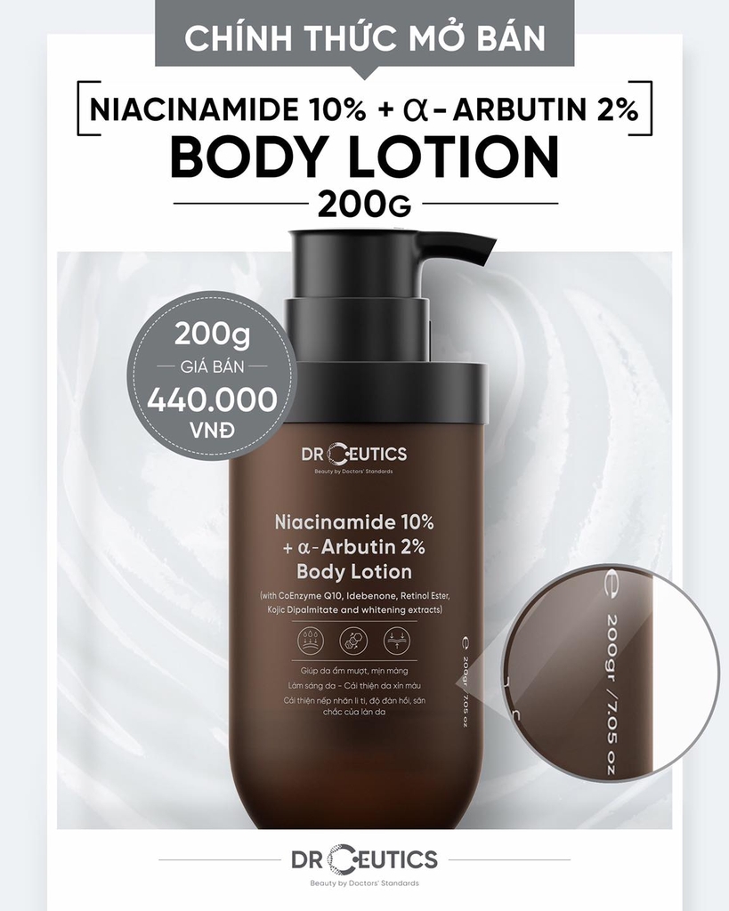 Sữa Dưỡng Thể Trắng Da DrCeutics Niacinamide 10% + α–Arbutin 2% Body Lotion