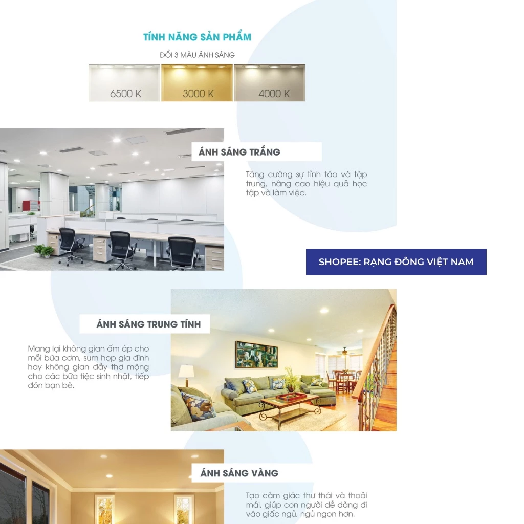 Đèn Led Âm Trần Đổi Màu Rạng Đông, Mắt Trâu Downlight, 8W,10W,12W, lỗ trần 90, 110 MODEL