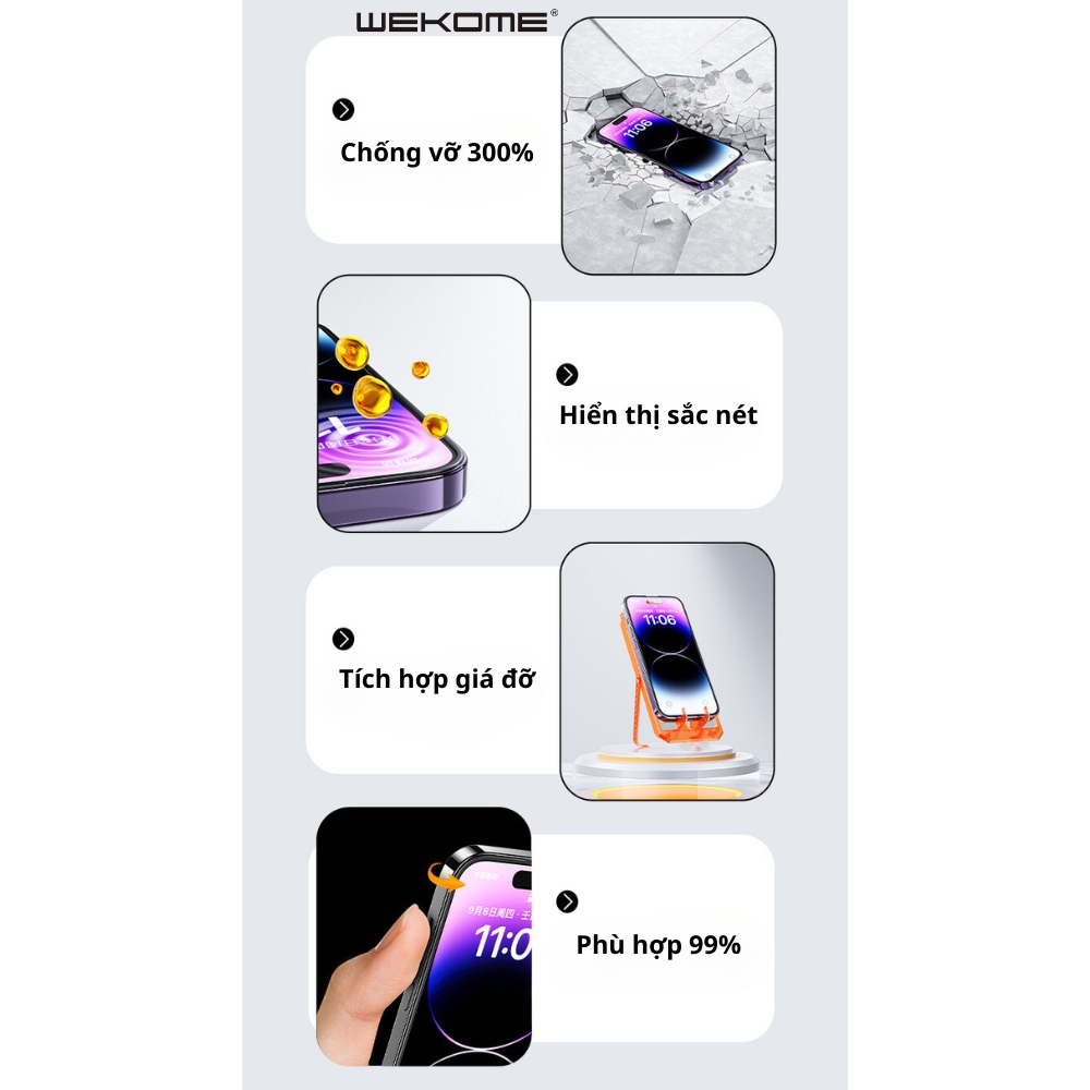 Kính cường lực khung tự dán KINGKONG WEKOME WTP-079 WTP-080 mới nhất siêu mượt, tích hợp giá đỡ điện thoại cho lph 15 Pro Promax