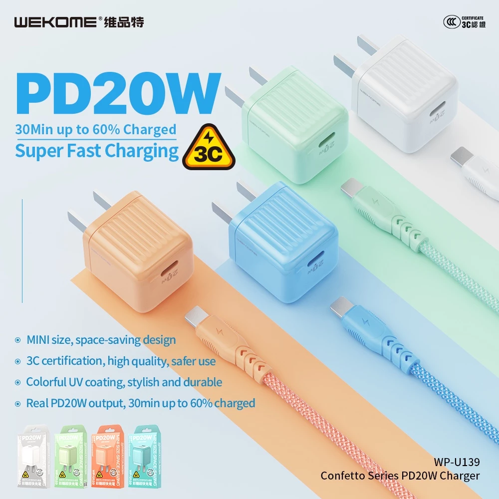 Củ sạc nhanh WEKOME PD + QC 20W Type-C U139 và cáp sạc samsung điện thoại máy tính bảng màu sắc thời thượng.