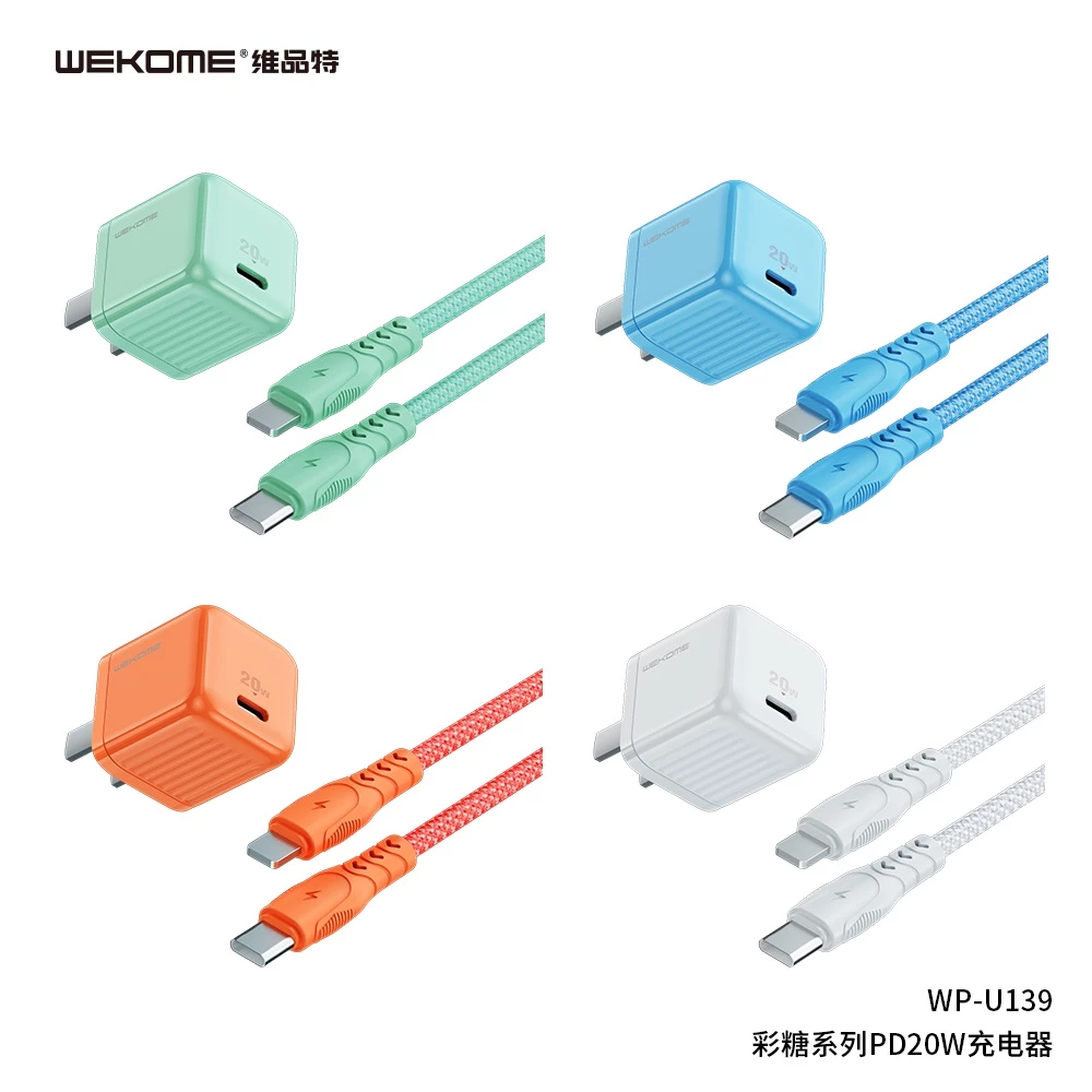 Củ sạc nhanh WEKOME PD + QC 20W Type-C U139 và cáp sạc samsung điện thoại máy tính bảng màu sắc thời thượng.