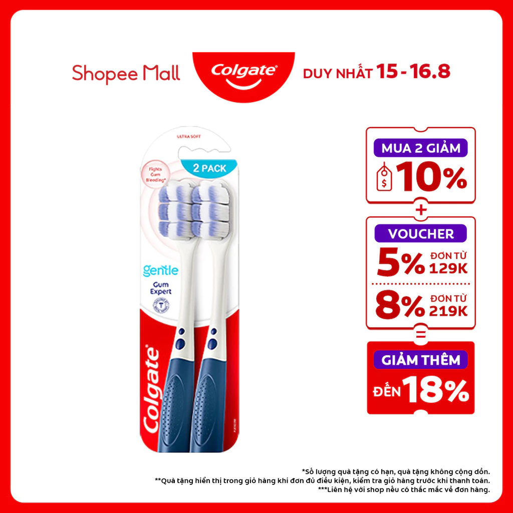 Bộ 2 Bàn chải Colgate Gentle Gum Expert lông dày siêu mềm, ôm sát nướu, giảm chảy máu nướu