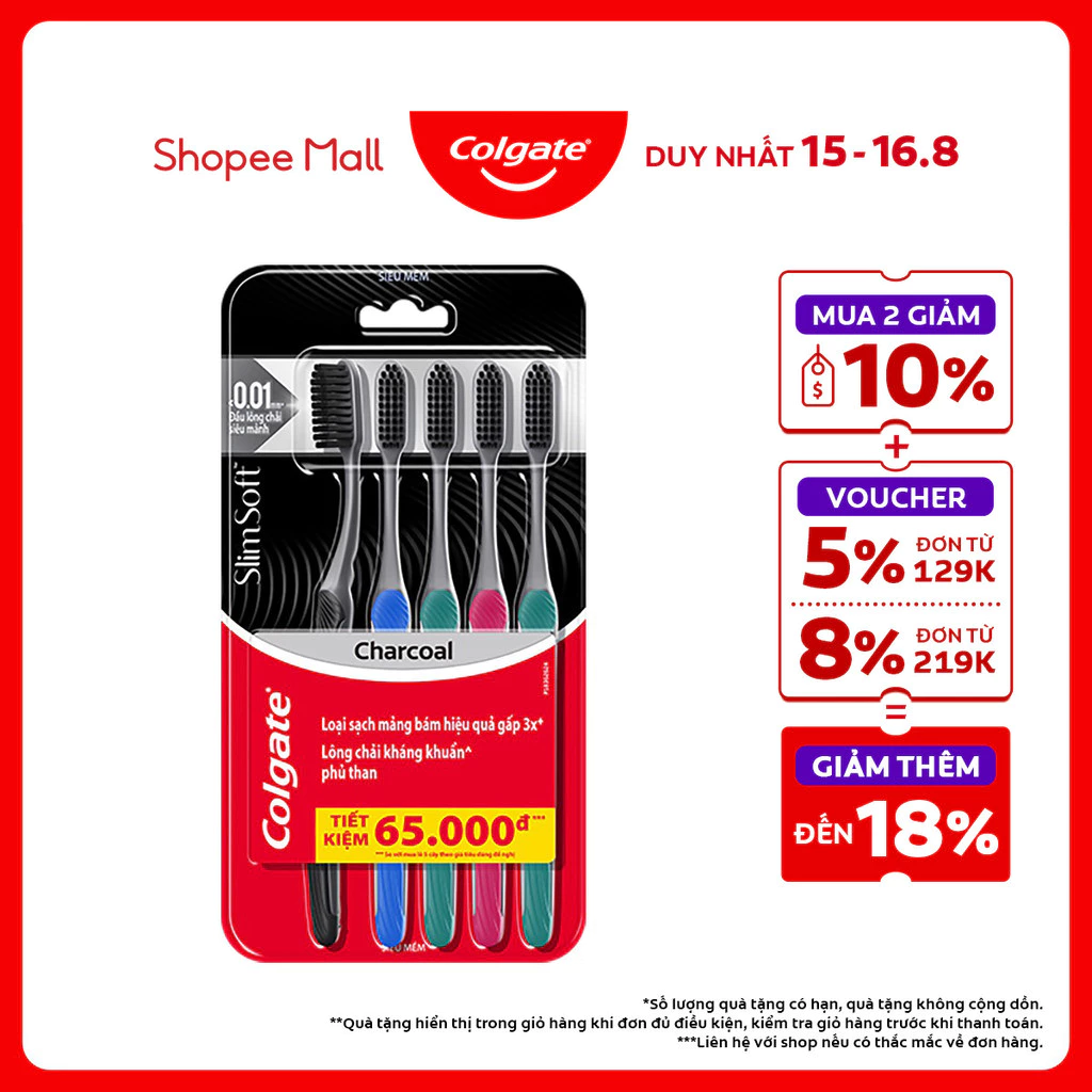 Bộ 5 Bàn chải Colgate SlimSoft Charcoal than hoạt tính kháng khuẩn siêu mềm mảnh