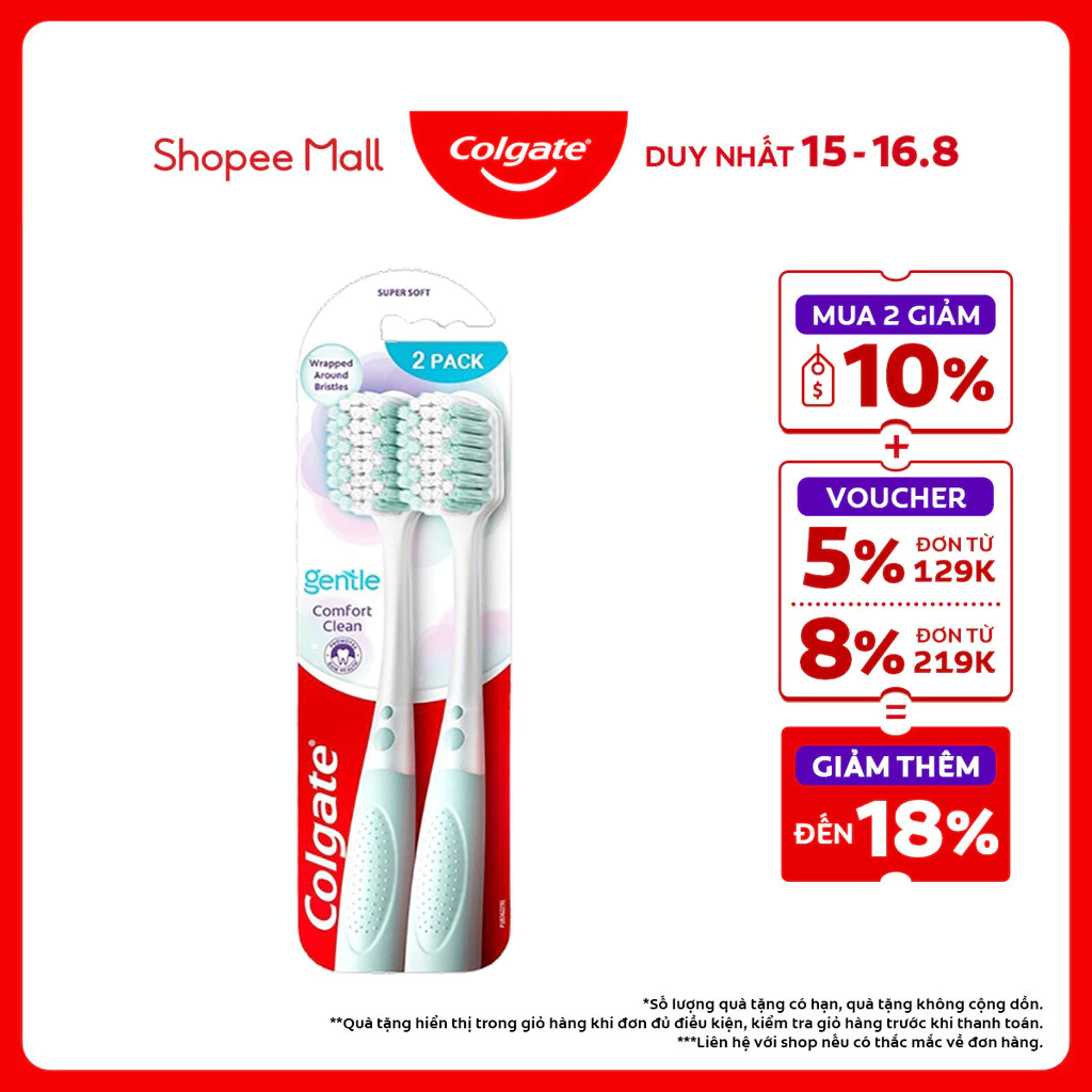 Bộ 2 Bàn chải Colgate Gentle Comfort Clean lông chải 2 tầng chải sạch dịu nhẹ với đầu chải rộng hơn