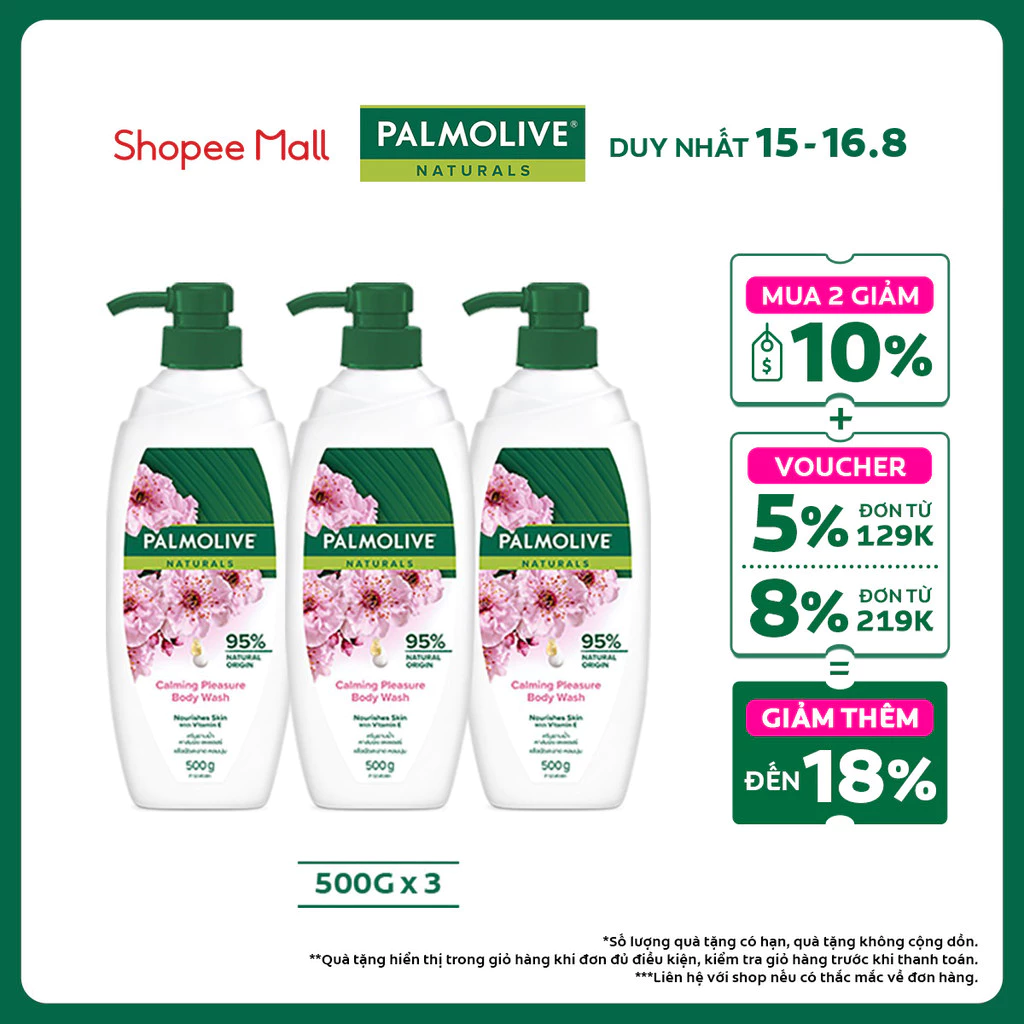 Bộ 3 chai sữa tắm Palmolive sảng khoái dịu êm 95% chiết xuất từ hoa anh đào 500g/chai