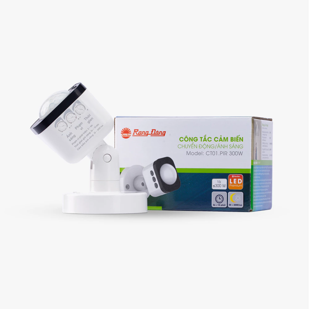Công tắc cảm biến Rạng Đông CT01.PIR 300W tích hợp cảm biến chuyển động và cảm biến ánh sáng tiện lợi.